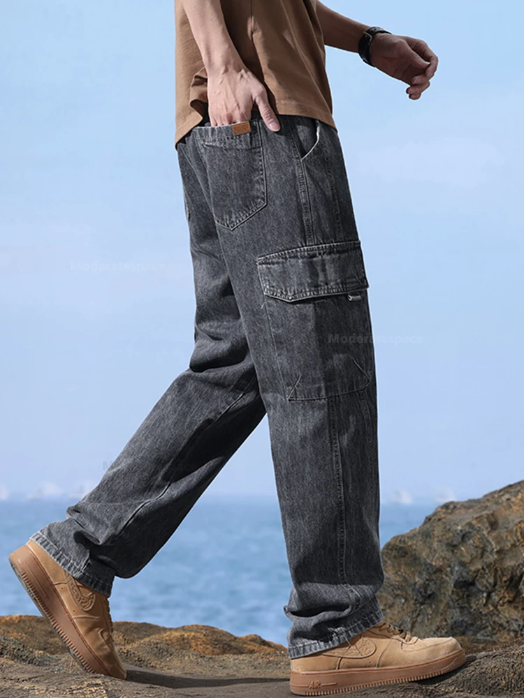 Stretch Straight Men's Wide Jeans Casual Sweatpants Male Clothes Pocket Drawstring Cargo Pants Fashion Korean Jogging Trousers 2