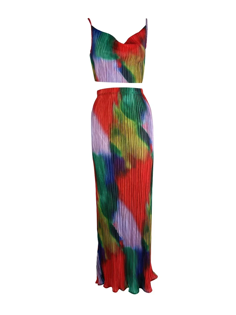 Beach Dress Women 2024 Sundress Clothes Swimsuit Print Pleated Two Piece Halter Slim Fit Skirt Solid Spandex Pareo Bikini Female