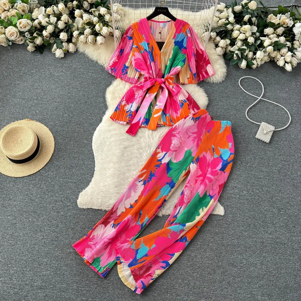 

Summer Vintage Beach Boho 2 Pieces Set Women Fashion Shirts Blouses and Straight Pantsuit Female Party Maxi Trousers Suit New