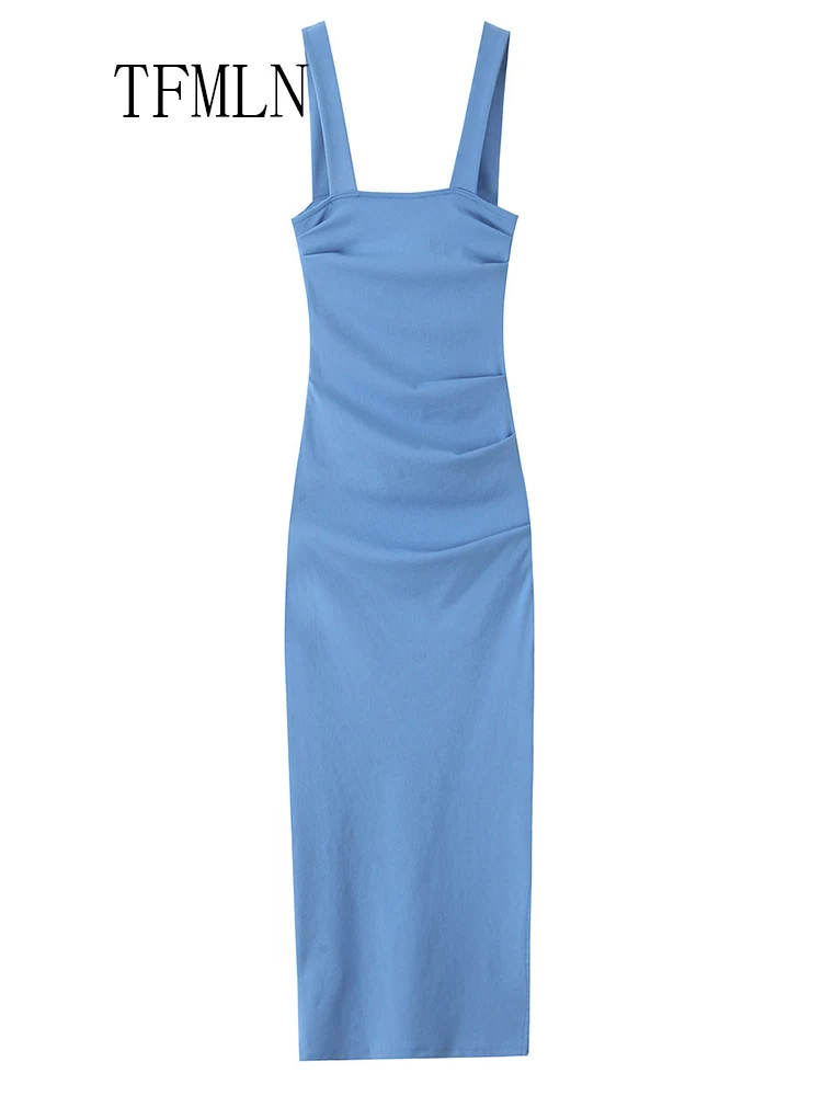 TFMLN  2025 Summer Women Solid Pleated Dresses Elegant Slim Square Collar Folds Party Dress Sexy Side Zipper Chic Causal Dress