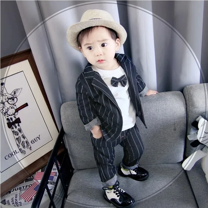 

Baby Boy Clothing Kids Boy Gentleman Suit White T-Shirt with Bow Tie+Striped Suit+Trousers 3Pcs Set Formal Kids Clothes Set