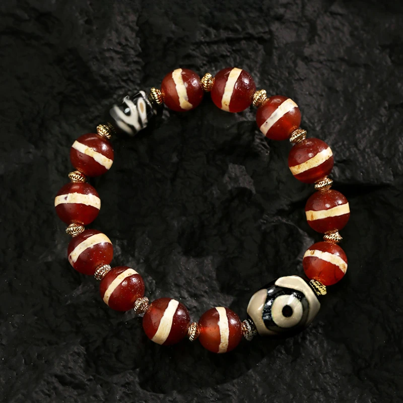 Bracelet Irregular Shape Three Eyes Tibet Beads Ox Bone Agate Tiger Tooth Retro Chinese Simple Modern Men and Women Same Style