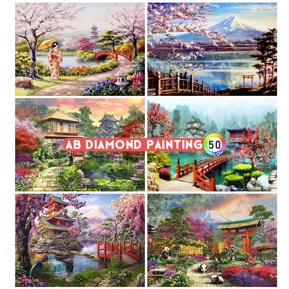 AB Drills 5D DIY Diamond Embroidery Landscape House Mosaic Sale Japanese Painting Cherry Blossoms Cross Stitch Home Decor