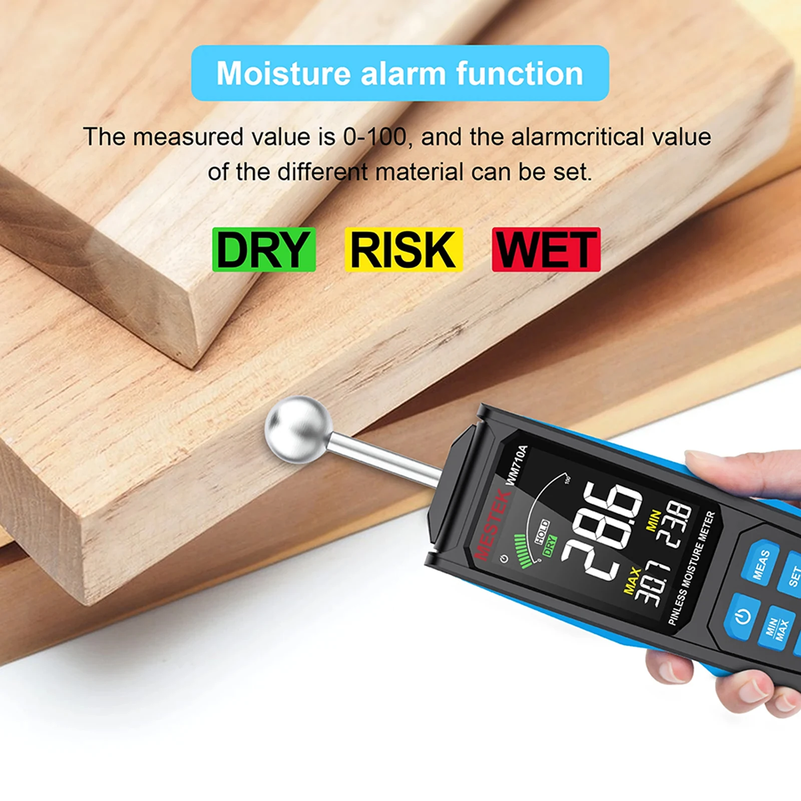 WM710A Digital Wood Moisture Meter Hygrometer Non-contact Timber Damp Detector Alarm Non-destructive Measurement Humidity Tester wood moisture meter