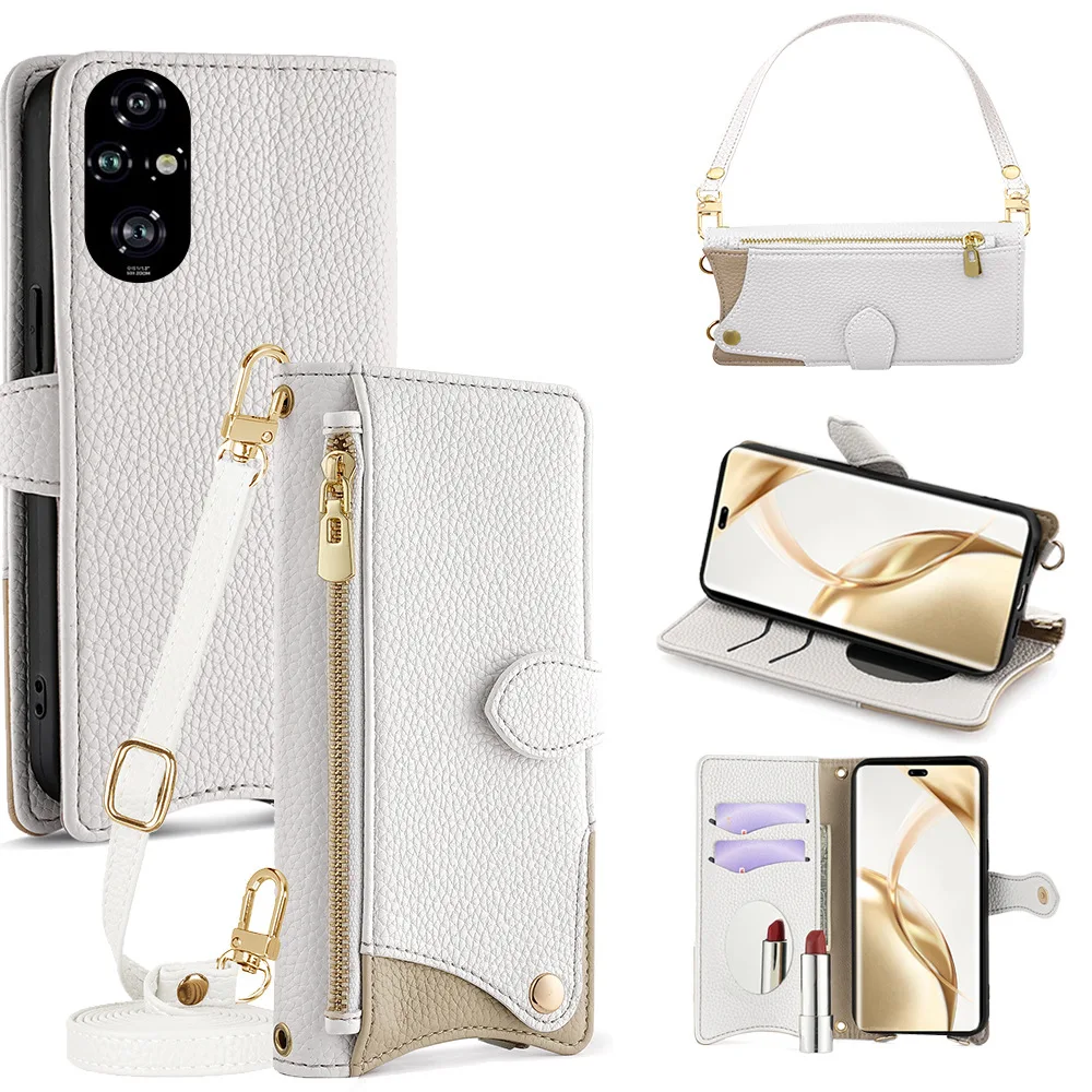 Zipper Mirror Wallet Case with Leather Wrist Strap and Multi-Card Holder