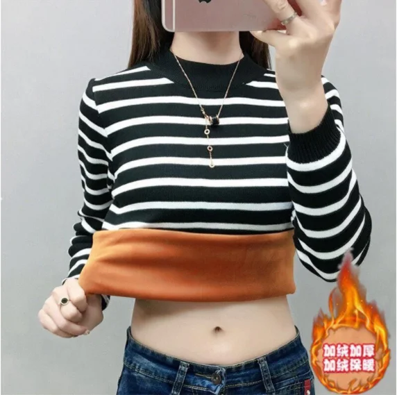 

2023 Velvet Half High Collar Stripe Splicing Pullover Sweaters Women Autumn Winter Thick Warm Loose Streetwear Knitted Sweaters