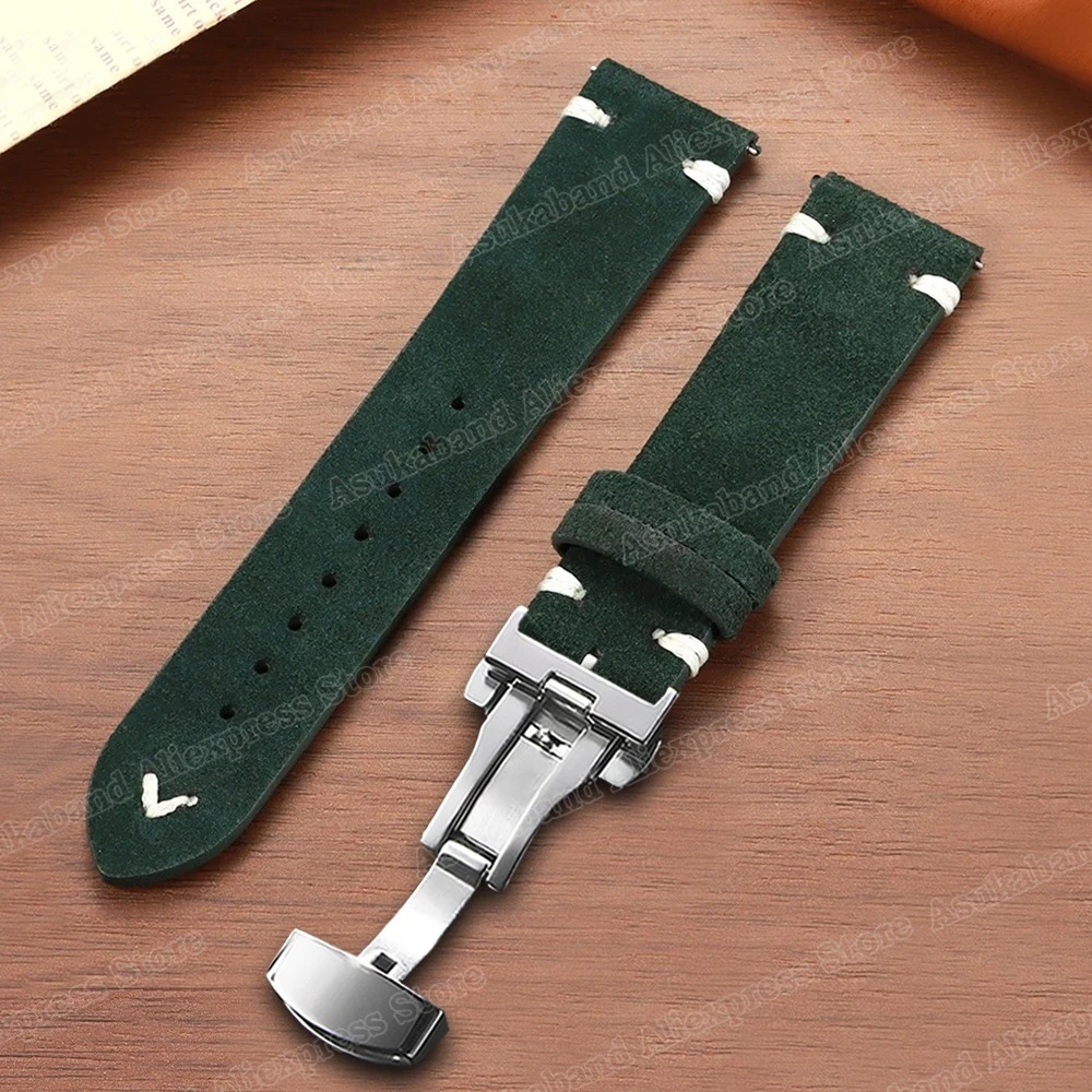 Quick Release Suede Stitching Genuine Leather Watch Band with Butterfly Buckle - Men's Straps
