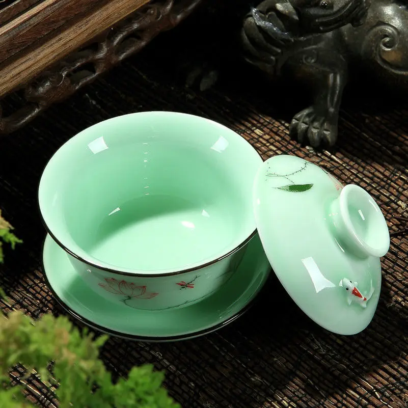 [GRANDNESS] Longquan Gaiwan Set Porcelain Tea Cup Handpainted Floral Sancai Tea Cup 170ml