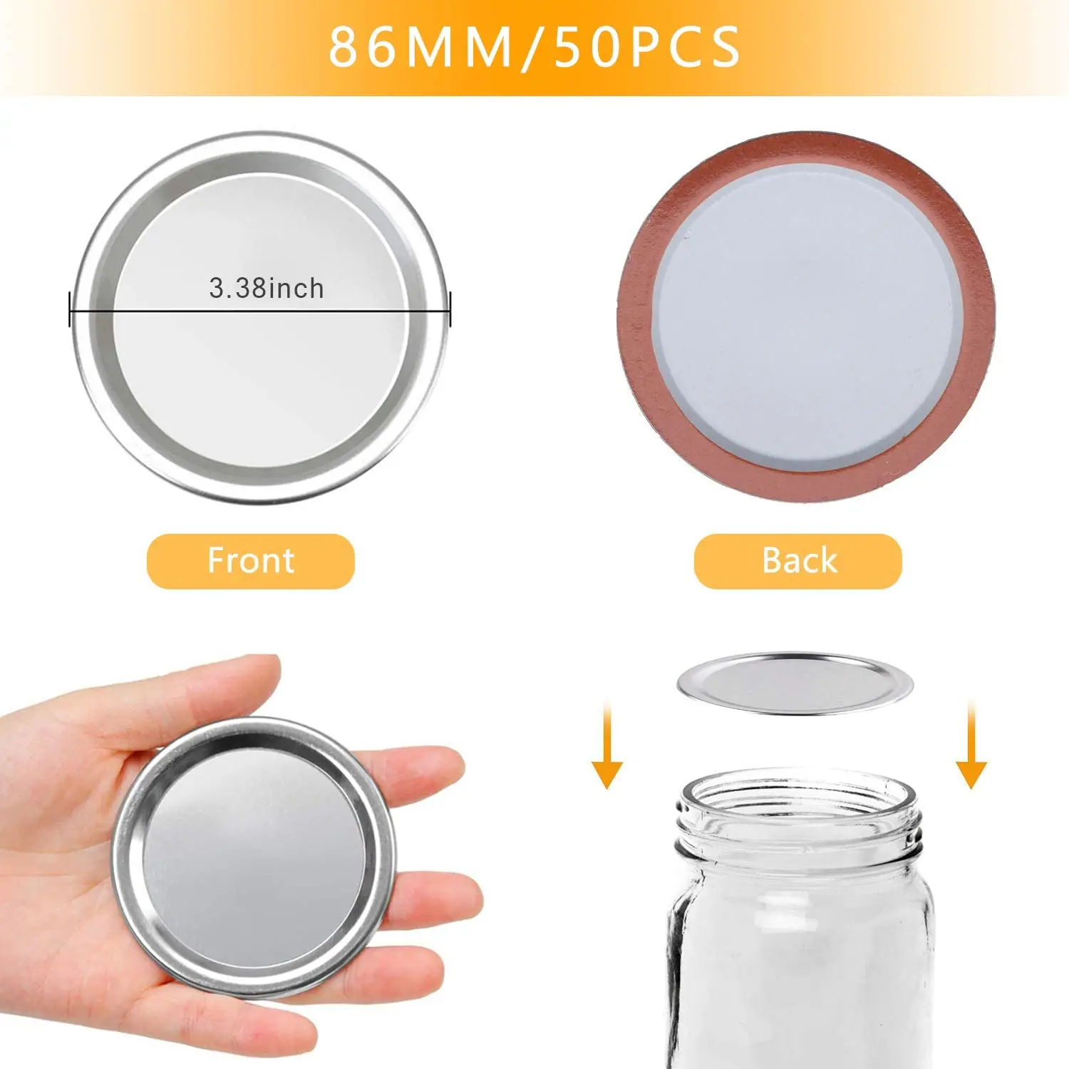 Tampas de Conserva com Selos de Silicone Boca Larga Reutilizáveis à Prova de Vazamentos tipo Split Prata 86 mm 50 Pcs