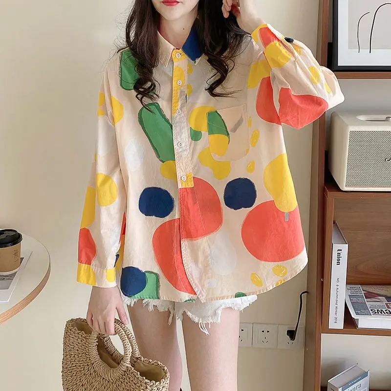 여성용 폴로 넥 스트리트웨어 프린트 가디건 탑, 반팔, 루즈 캐주얼 싱글 브레스트 블라우스, 올 매치 셔츠, 여름