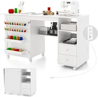 Giantex Folding Sewing Table With Charging Station, Rolling Craft Table With Storage Shelves And Drawers, 18 Pegs, 2 Trays, 1