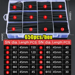 Heat Shrink Tubing Kit - Thermoresistant Electrical Cable Insulation and Protection Sleeve for Mixed-size (Black- 650pcs(box))