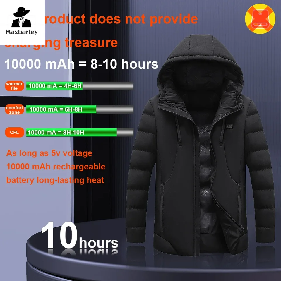 Sudadera Con Capucha Calefactable, Unisex, Con Batería Externa Recargable De 7,4 V Y 16 000 MAh, 5 Zonas Calefacción, 3 Niveles Temperatura, 4-8 H, Para Acampada En Invierno, Negro, Talla L | ES