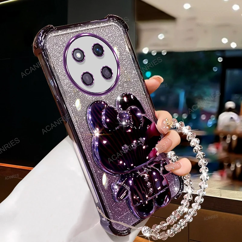Mirror Rabbit Stand Clear Silicone Soft Case with Plating & Bead Chain - Anti-Fall Four Corners Protection