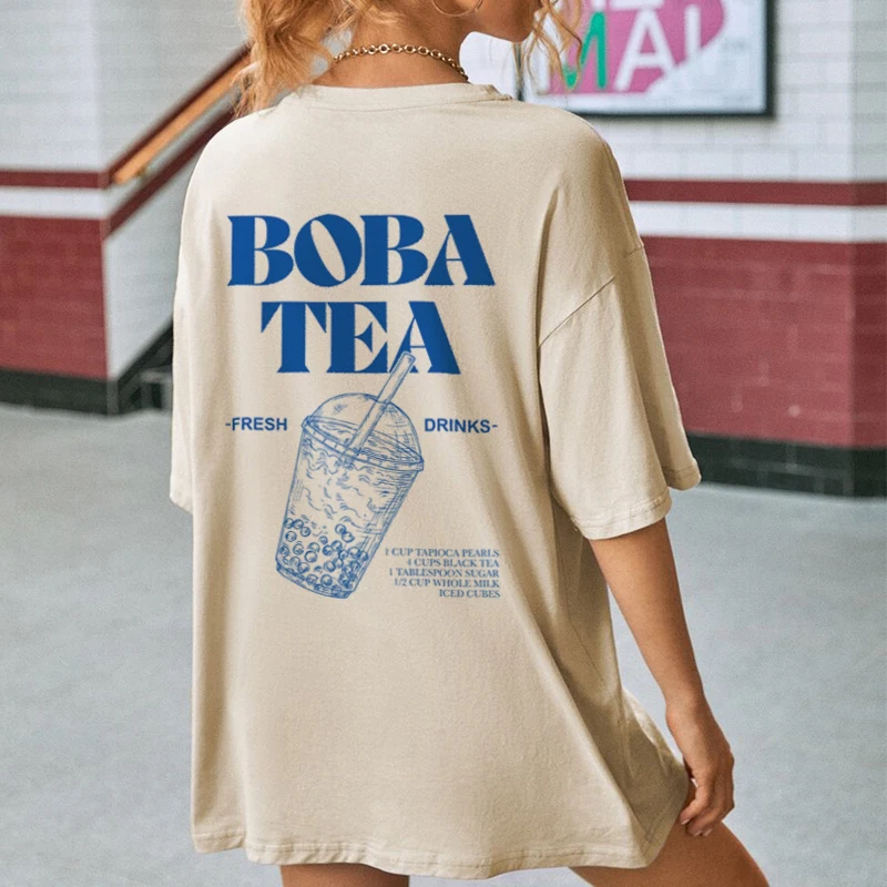 Description Picture 3 of itemWomen Retro Aesthetic Back Print Boba Tea T-Shirt Cute Bubble Tea Graphic Tees Foodie T Shirt Unisex Loose Vintage Fashion Tops