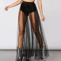 Mesh See Through Women's Skirt Mesh Big Hem Ankle Length Thin High Waist Elastic Waist Summer Shiny Sequin Solid Long Skirts 1