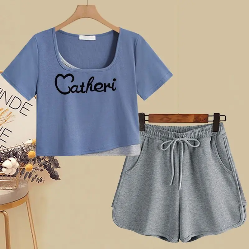 Pure Cotton Fake Two-piece Summer New Two-piece Set for Women's Loose Short Sleeved Shorts, Sporty Casual Slimming Two-piece Set