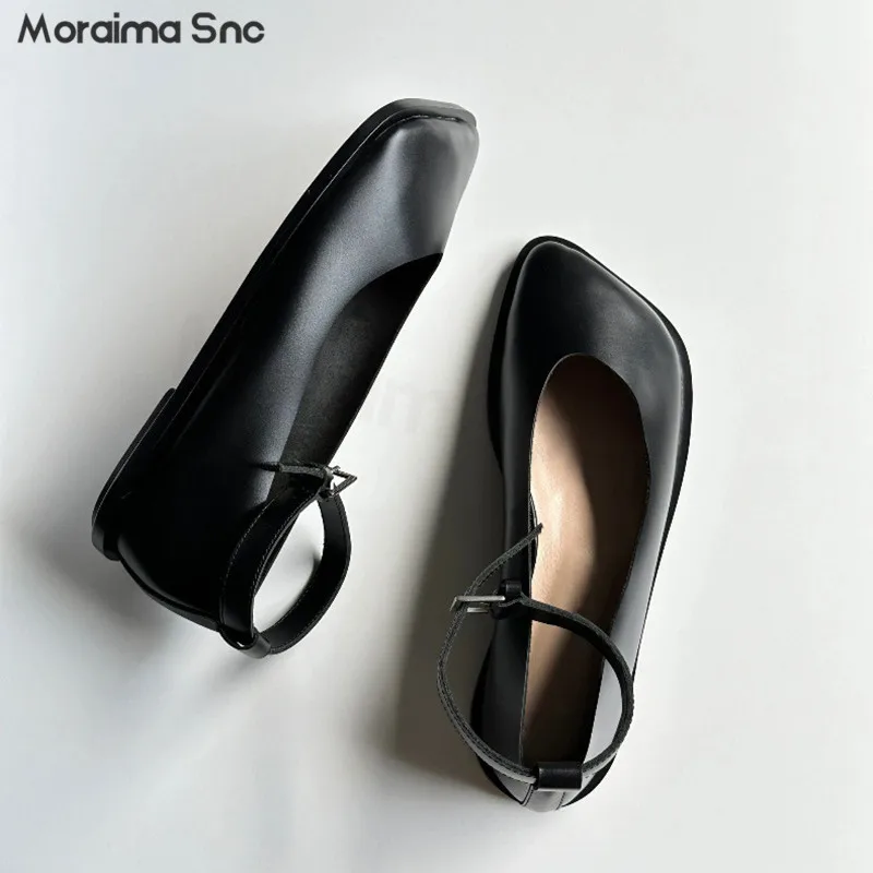 

Black One-Strap Mary Jane Leather Shoes Slanted Square Toe Ankle Buckle Shallow Flats Women's Casual Fashion Loafers