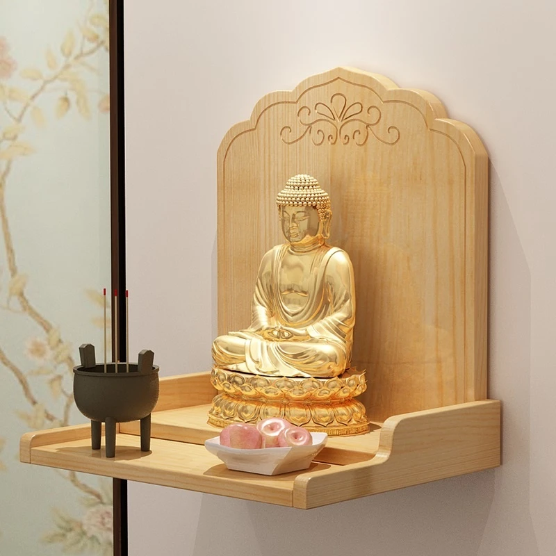Wall Wooden Shelf Shrine Buddha Rack Pine Buddhist Altar Sculpture Collection Display Wood