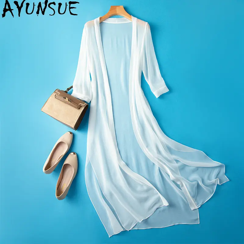 

100% Mulberry Real Silk Sunscreen Clothing Coats Women's Clothing Women Shawl Long Outerwear Jackets Solid Tops Female Beachwear