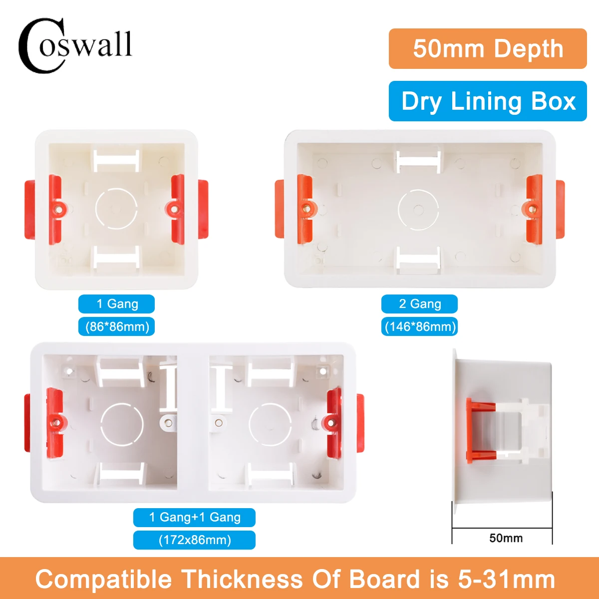 Coswall 86 Type Cassette 1/2 Gang Dry Lining Box For Gypsum Board Drywall Plasterboard 50mm Depth Wall Switch Socket