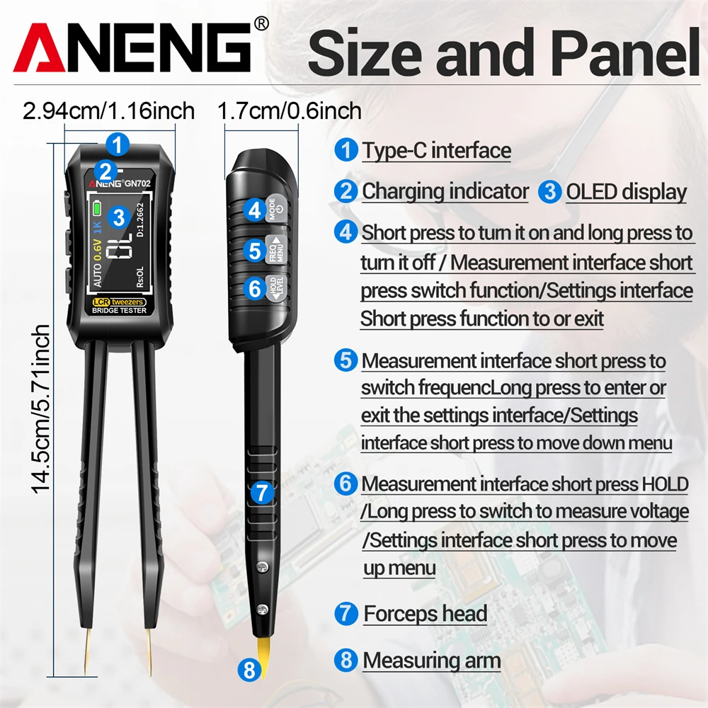 ANENG GN702 Smart Bridge Tweezer LCR SMD ESR Tester Resistance Capacitance Inductance Continuity Diode Hz Auto Test Tools