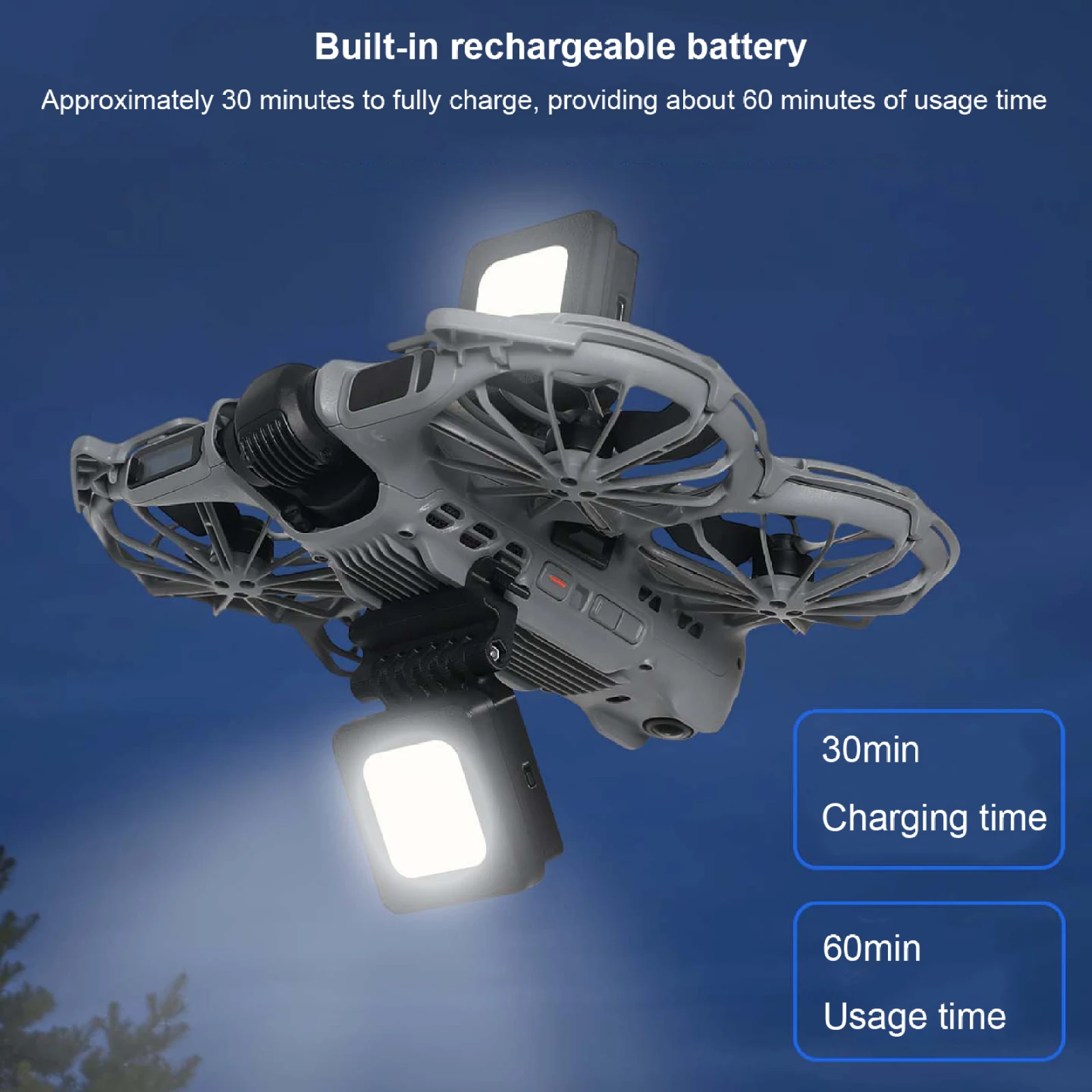 Vue rapprochée du feu de navigation LED rechargeable pour DJI Neo 2 montrant son boîtier et sa LED allumée.