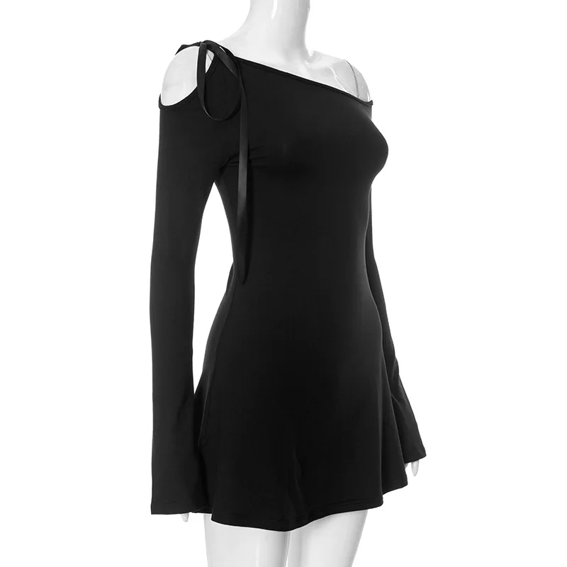 Vestido mini con cordones para mujer, sexy, con hombros descubiertos, ajustado, de manga larga, para fiesta, con volantes, ajustado, elegante.