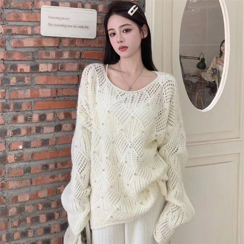 

Autumn Hollow Loose Knit Women Sweater Korean Fashion Sweet Gentle Jumper O-neck Long Sleeve Casual Apricot Famale Outerwear Top