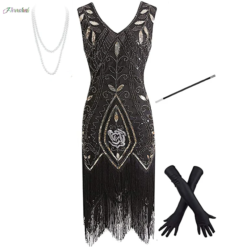 

Women's Vintage 1920s Dress V-Neck Sequin Art Deco Flapper Dresses with 20s Gatsby Accessories Set vestidos de fiesta