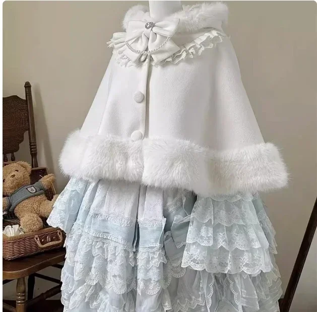 【WOOHWA】FRILL LOID HALF COAT Sweet Cute Woolen Cloak New Winter Soft Girl Lolita Hooded