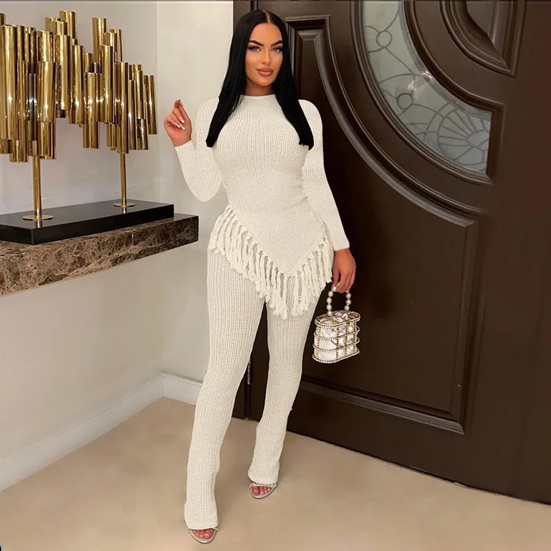 

Комплект из двух предметов с асимметричными кисточками, длинные брюки с высокой талией и трикотажный топ с длинным рукавом, футболка, костюм, осень 2023, модная одежда