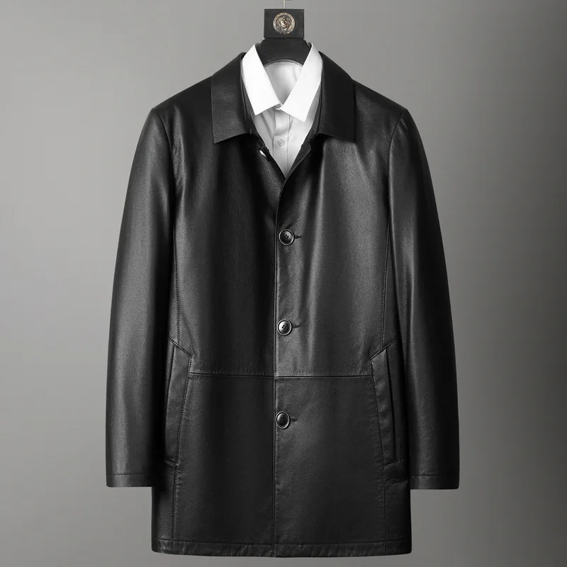 Men's Mid Length Business Leather Jacket, Lapel Cowhide Leather Coat, Single Breasted Leather Coat, Spring And Autumn 5XL