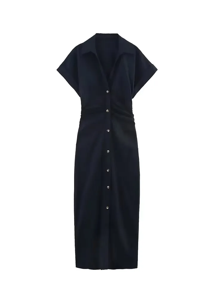 TFMLN 2025 Chic Women's Solid Folds Dresses Fashion Lapel Short Sleeve Single Breasted Slim Causal Dress Retro Side Zipper Dress