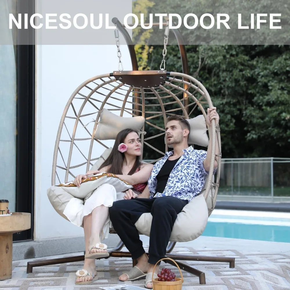 Double Egg Chairs Outdoor Indoor,for 2,All-Weather Rattan Hanging Loveseat Comfy,Patio Swinging Seat w/Cushion & Cover for Porch 3