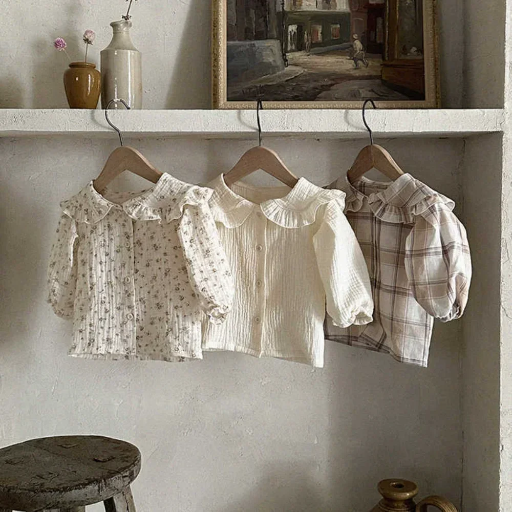 Kids Shirts Spring Infant Baby Girls Shirt Muslin Cotton Full Sleeve Toddler Girls White Shirts Floral Kids Tops