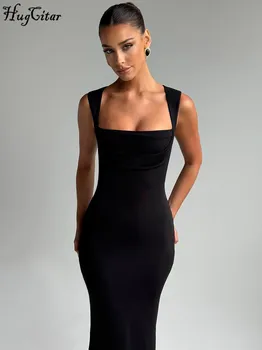 Hugcitar Women Elegant Solid Square Collar Straps Sexy Bodycon Maxi Prom Dress Summer Women Y2K Clothes Evening Party Birthday 1