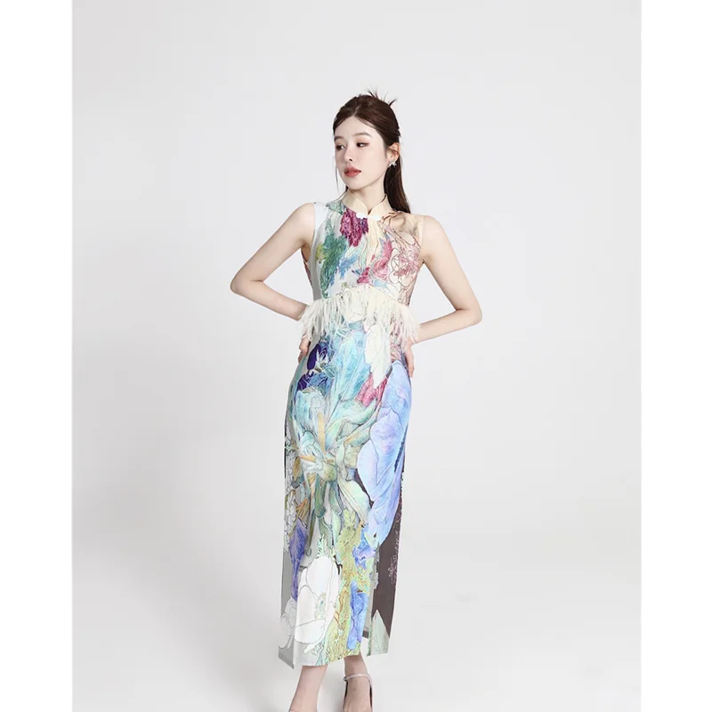 

Women's Wear Dress New Chinese Tea Break French Plant Print Sexy Sweet Hot Girl Self Cultivation Long Modified Cheongsam Dress