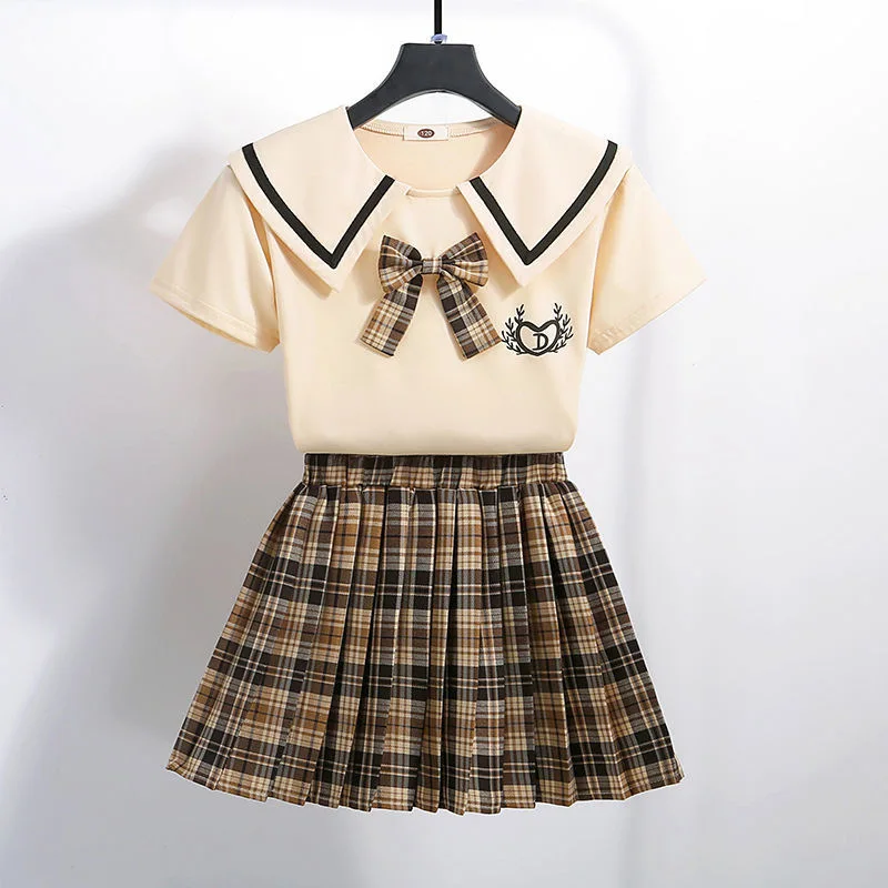 

Girls Skirt Suit 2023 Summer New Dress Girls Navy Collar T-Shirt + Plaid Pleated Skirt Two-Piece College Style Skirt