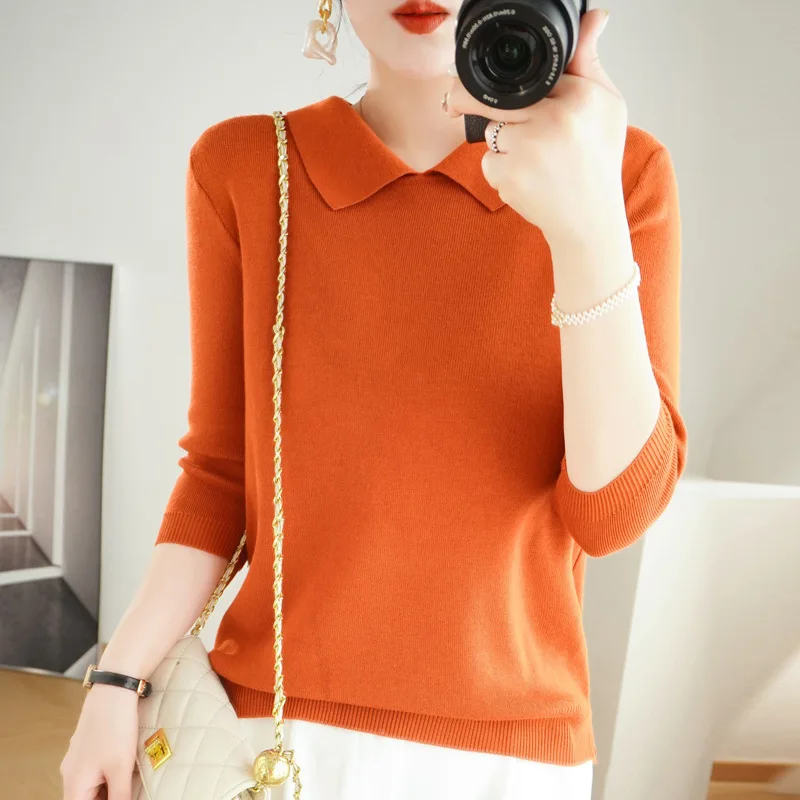 POLO Collar Women's Knitted Sweater Cashmere Blend Autumn And Winter New Solid Color Simple Inner Slimming And Age-reducing Top 2