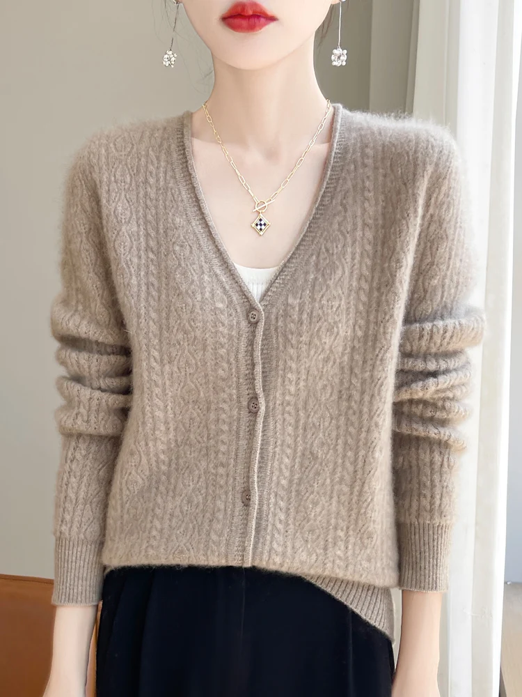 Autumn Winter Women 100% Merino Wool Cardigan Cashmere V-neck Sweater Curled Twisted Hollow Out Knitwear Bottoming Clothing Tops 2