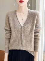 Autumn Winter Women 100% Merino Wool Cardigan Cashmere V-neck Sweater Curled Twisted Hollow Out Knitwear Bottoming Clothing Tops 2