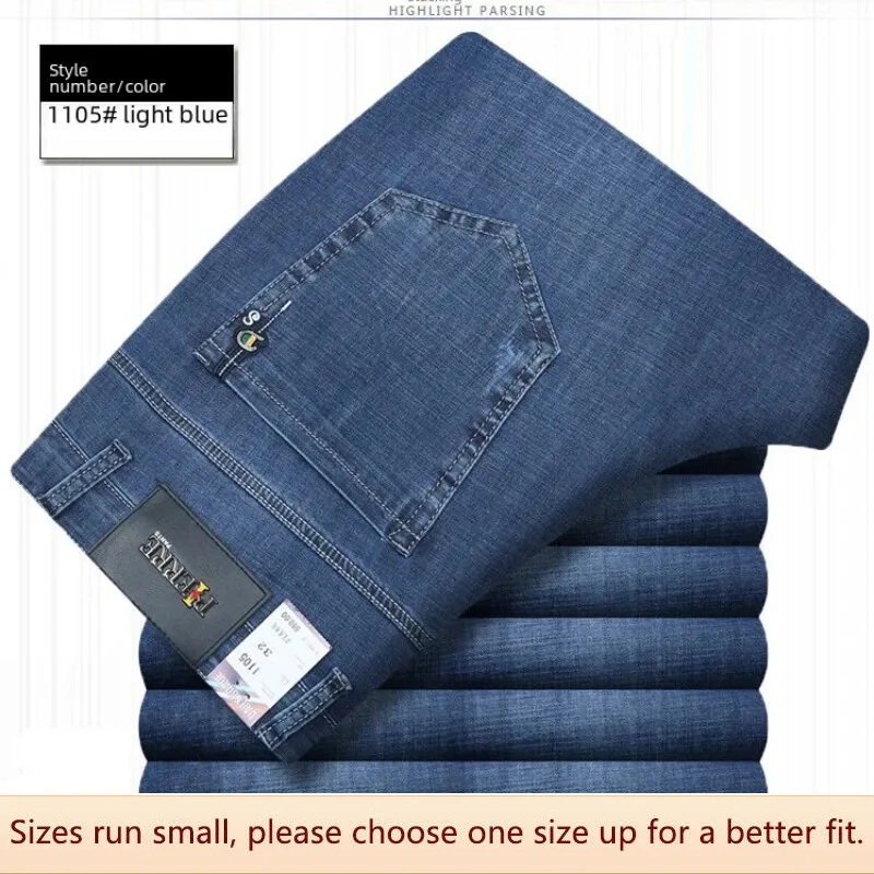 High Quality Men Cotton Jeans Summer Thin Style High Waist Straight Cylinder Elastic Business