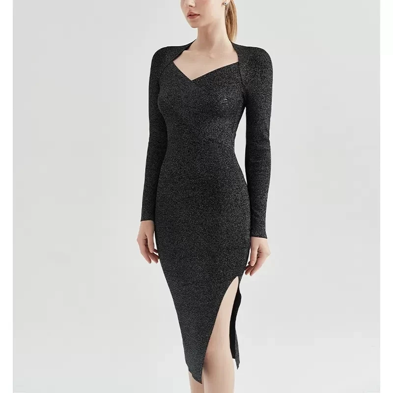 

Original Fashion Bodycon Metallised Knitted Sleeves Midi Dress Size 0-5