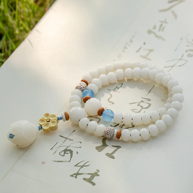 

Natural white jade bodhi root double loop bracelet female Buddhist clothing accessories couple bracelet gift
