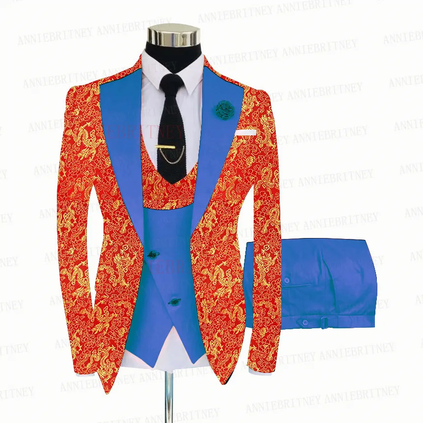 Red Floral Printed Suit Men 3 Pieces Gold Groom Wedding Suit Tuxedo Slim Fit Shiny Blazer Double Breasted Vest Pants Set