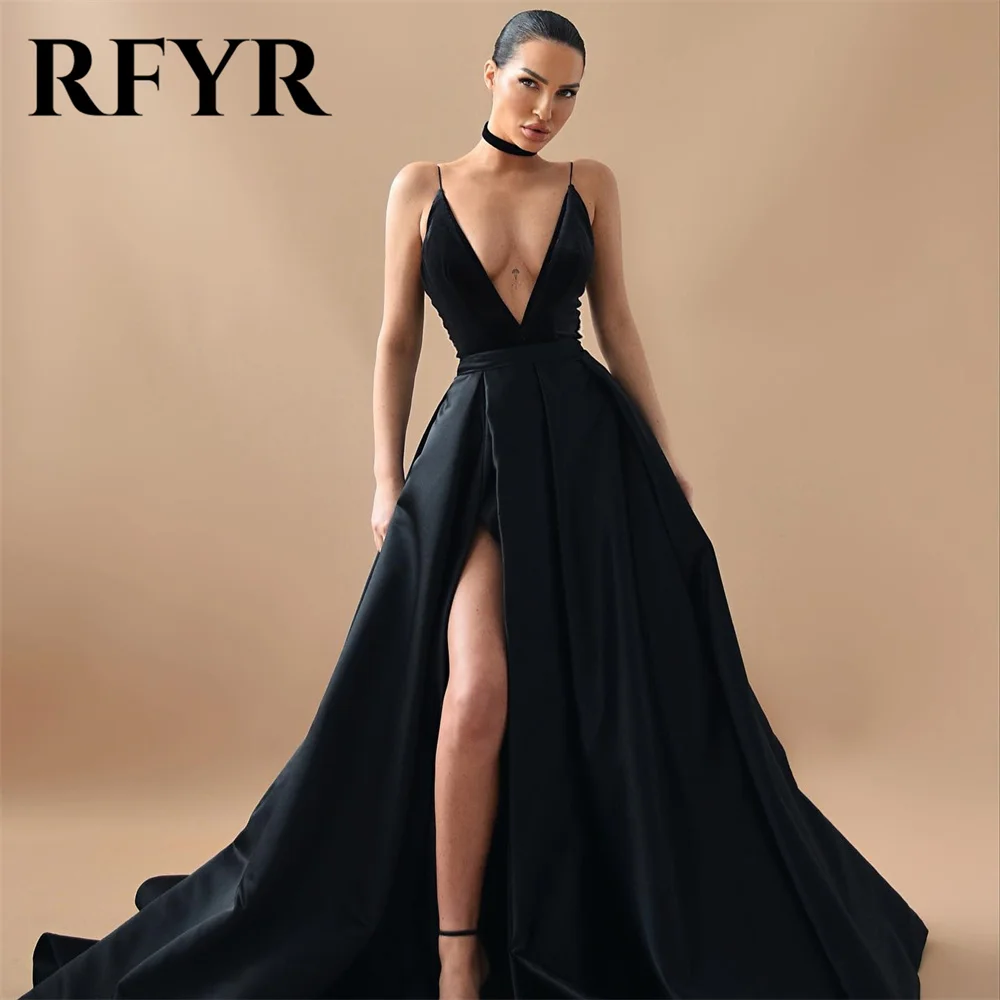 

RFYR V-Neck Black Evening Dress Spaghetti Strap A-line Stain Prom Dress Sleeveless Party Dress Side Split فساتين مناسبة رسمية