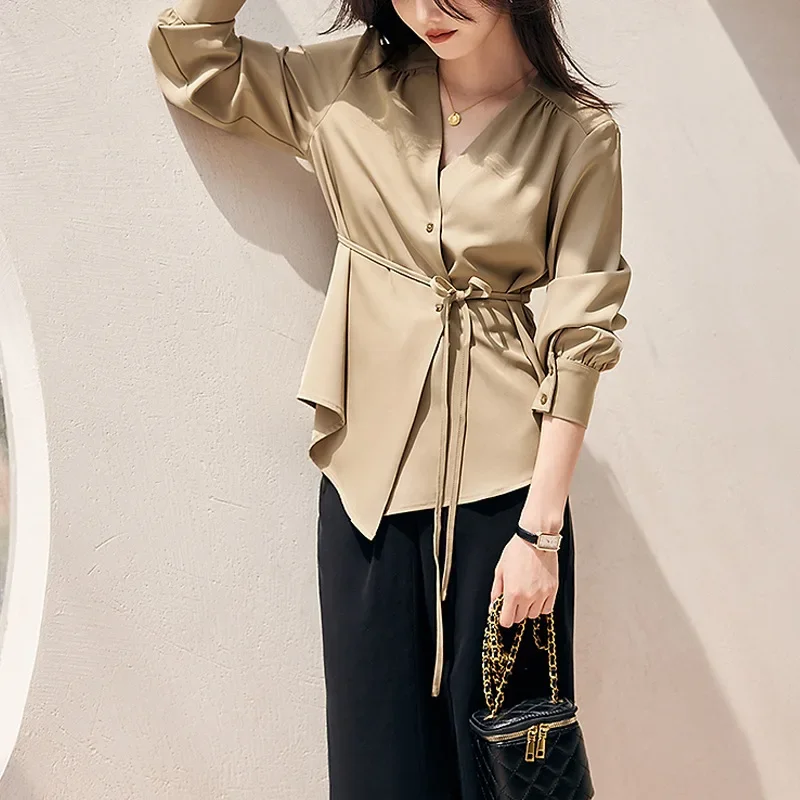 

Temperament V Neck Shirt Female Fall New Design Sense Waist Thin Intellectual Elegant Asymmetric Shirt Tide Long Sleeve Shirt
