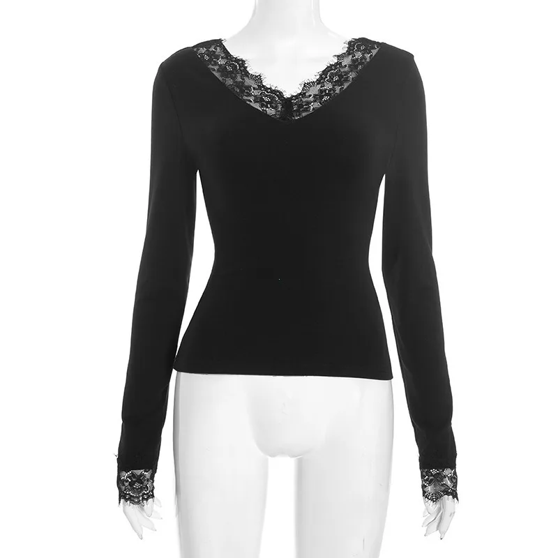 Women's V-neck Lace Splicing Top European American Style Autumn New Waist Exposed Umbilical Fashionable Casual Wear