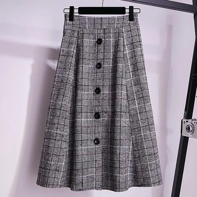 

L-4XL Plaid Single Breasted A-Line Skirt 2023 New Autumn Winter Fashion Women Skirt Office Lady Loose Elastic Waist Woolen Skirt